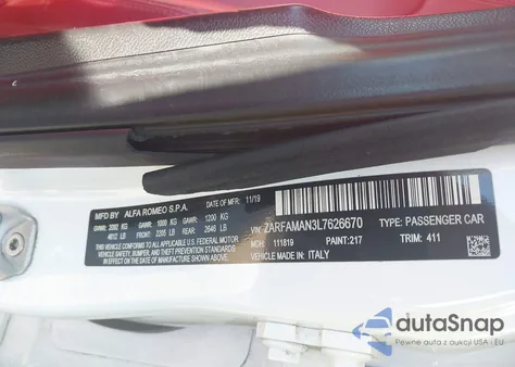 2020 Alfa Romeo Giulia Rwd from USA, damaged, VIN ZARFAMAN3L7626670